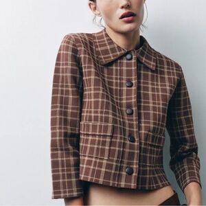 Zara Plaid Knit Cardigan NWT Preppy Brown & Tan Button Front Boxy Fit XL
